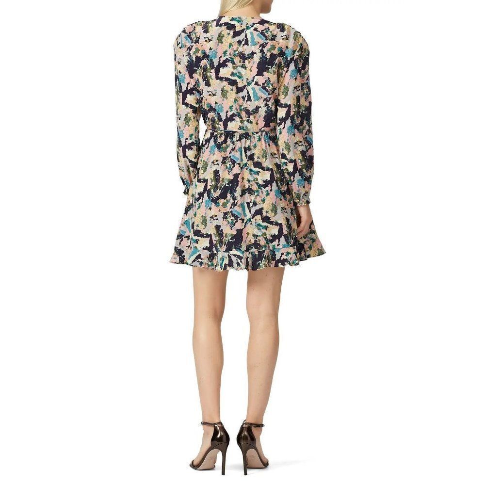 IRO Women's Bloomy Wrap Ruffle Trim Abstract Satin Mini Dress Watercolor 44 - Picture 2 of 8
